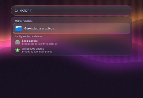 A busca do Aoclini com "dolphin" digitado: o gerenciador de arquivos aparece como melhor resultado, numa cápsula de vidro sobre a aurora.