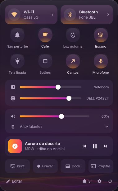 A Central rápida no tema escuro: Wi-Fi, Bluetooth, oito botões redondos, brilho de cada tela, volume, a música tocando e ações de captura.