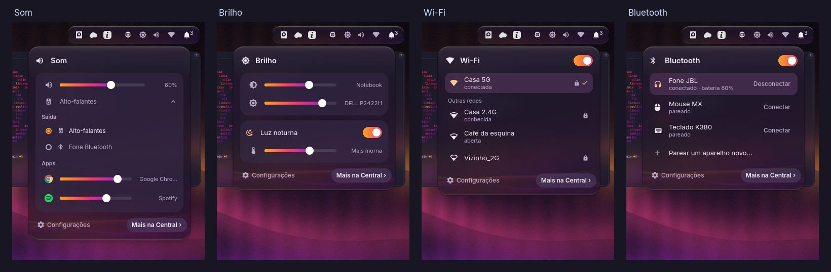 Quatro painéis de vidro que se abrem da barra superior — som, brilho, Wi-Fi e Bluetooth — sobre o papel de parede da aurora.