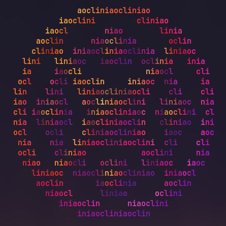 As boas-vindas do terminal: o símbolo do Aoclini desenhado com a palavra "aoclini" repetida, do laranja ao roxo.